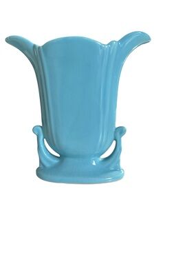 Vintage Aqua Blue Art Deco Fan Vase – Scroll Handles & Flared Rim